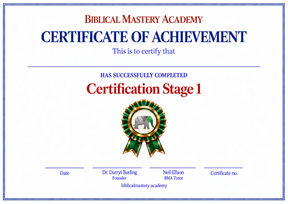 A Biblical Mastery Academy certificate of achievement for Certification Stage 1, with the green Stage 1 rosette