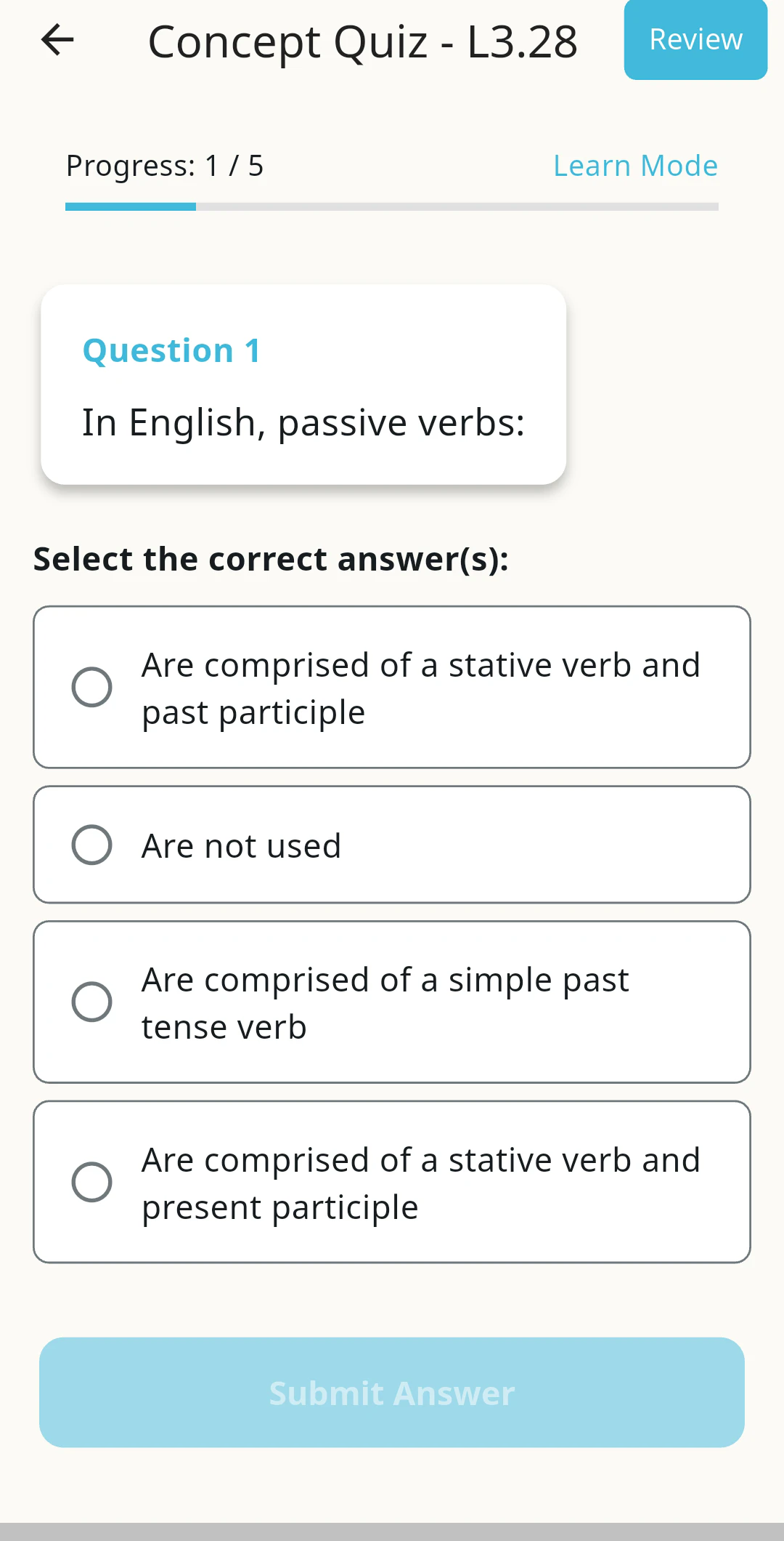Greek Tutor concept quiz showing a multiple choice question