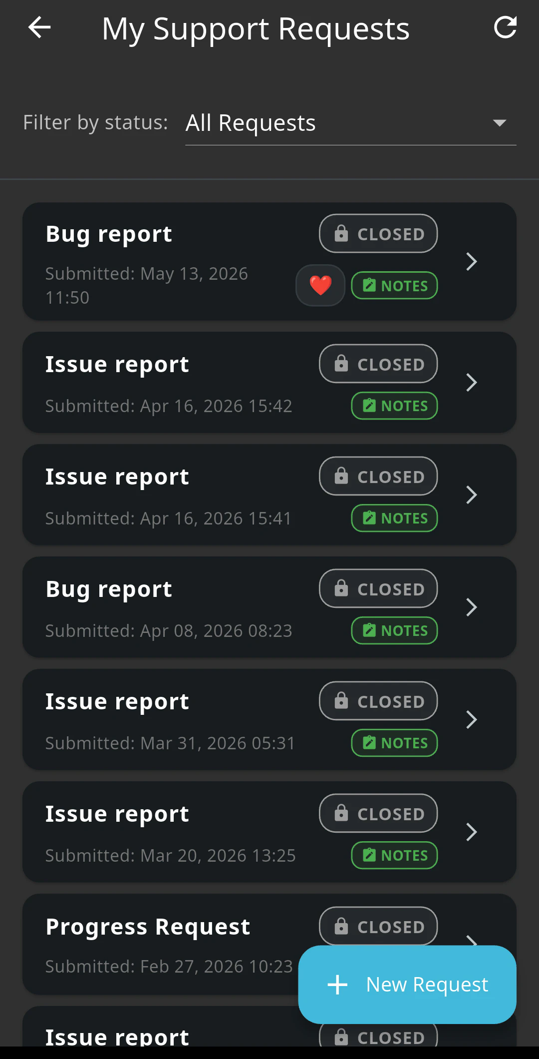 Greek Tutor Support Requests screen with the new request button highlighted